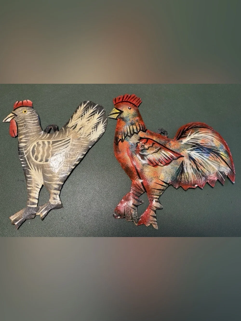 Vintage Folk Art Rooster & Hen Hand Painted Cut Metal Wall Decor Pair